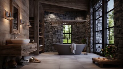 Fototapeta na wymiar A bath room with a tub a sink and a window