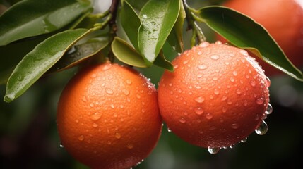 Obraz premium Two oranges hanging from a tree with water droplets