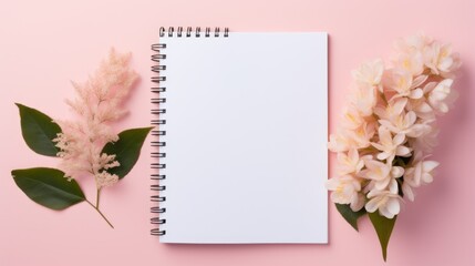 A notepad and flowers on a pink surface