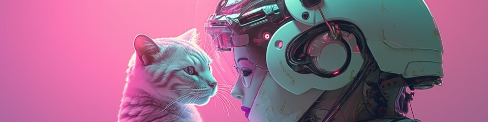 A cat is looking at a robot's head