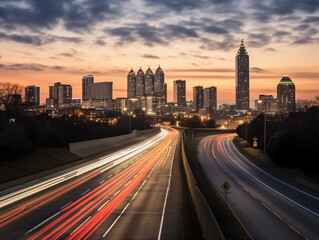 Obraz premium Urban Rush Hour: Evening Traffic on a Highway in the City