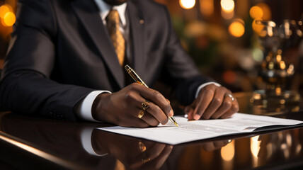 Close-up of a solemn black man signing a document, hands writing.
