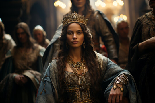 The queen poses on her throne with her crown, looking seductive at the camera, with her court of courtiers in the background in a medieval-era image