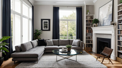 Moderne Wohnzimmer-Innenarchitektur: Ein helles, stilvolles Raumkonzept, Gestaltungsideen für die Inneneinrichtung zu Hause, moderne Möbel und Einrichtung, Dekoartikel, 