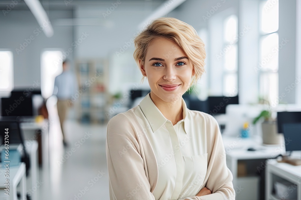 Canvas Prints Portrait of beautiful professional businesswoman with blond hair looking at camera. Modern corporate office workplace scene.