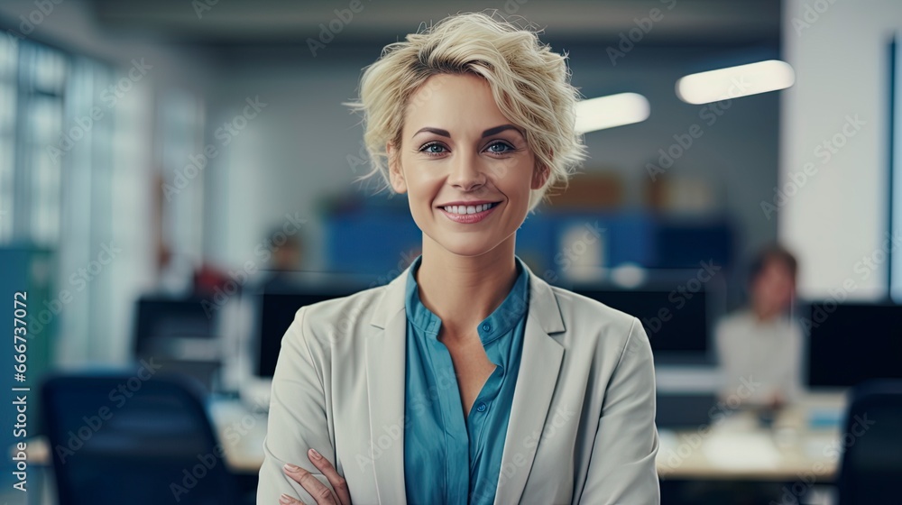 Canvas Prints Portrait of beautiful professional businesswoman with blond hair looking at camera. Modern corporate office workplace scene.