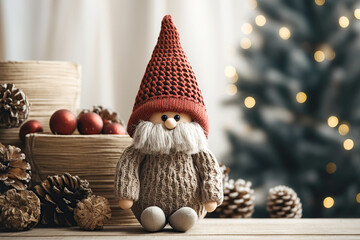 Close up of handcrafted christmas gnome knitted figurine on table against fir tree in living room, scandinavian, nordic dwarf with red hat. New Year accent decor in home interior. - obrazy, fototapety, plakaty