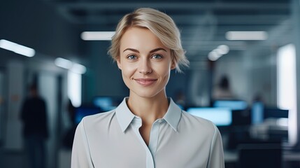 Fototapeta premium Portrait of beautiful professional businesswoman with blond hair looking at camera. Modern corporate office workplace scene.