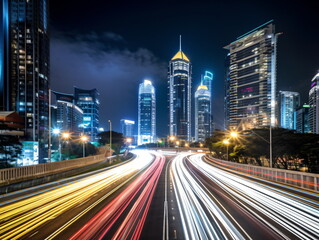 Fototapeta na wymiar Urban Rush Hour: Evening Traffic on a Highway in the City