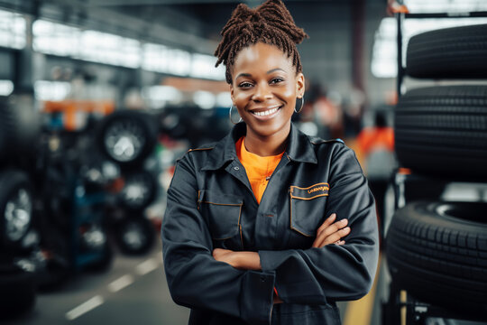 Portrait of African American female auto mechanic working in an auto repair shop and changing wheel alloy tire
