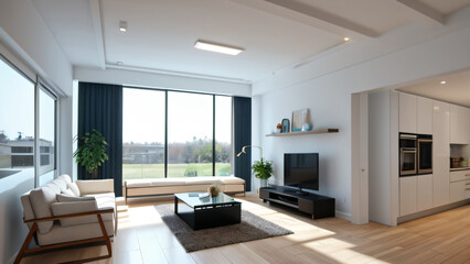Obraz premium Moderne Wohnzimmer-Innenarchitektur: Ein helles, stilvolles Raumkonzept, Gestaltungsideen für die Inneneinrichtung zu Hause, moderne Möbel und Einrichtung, Dekoartikel, 
