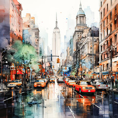 A watercolor portrayal of New York streets, skyscrapers, and urban vibrancy