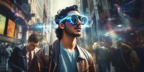 Fototapeta na wymiar A young man walking on a bustling urban street, his smart glasses displaying holographic navigational arrows and points of interest as augmented reality overlays