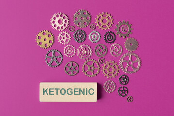 Cogwheels located in a brain shape and wooden block with word Ketogenic. Concept of diet for memory and brain boost