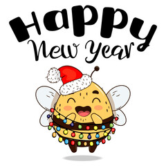 Vector  Happy New Year greeting card  with cute bee with red hat and gerland. Hand drawn lettering happy new year. Vector objekt in cartoon sketch style. 