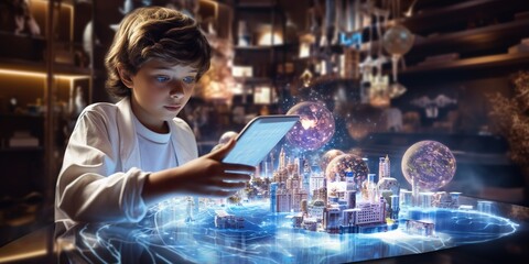 Child using a tablet, interacting with floating augmented reality game elements