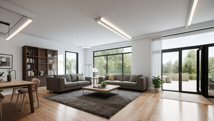 Fototapeta premium Moderne Wohnzimmer-Innenarchitektur: Ein helles, stilvolles Raumkonzept, Gestaltungsideen für die Inneneinrichtung zu Hause, moderne Möbel und Einrichtung, Dekoartikel, 