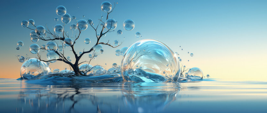 Krople wody i na wzburzonych falach czystej błękinej wody. 