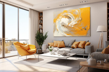 Żółte meble w nowoczesnym salonie z abstrakcyjnym obrazem wiszącym na ścianie .  - obrazy, fototapety, plakaty
