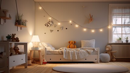 a Scandinavian inspired children's room with a muted color palette. The focus is on a stark white wall with a spotlight. - obrazy, fototapety, plakaty