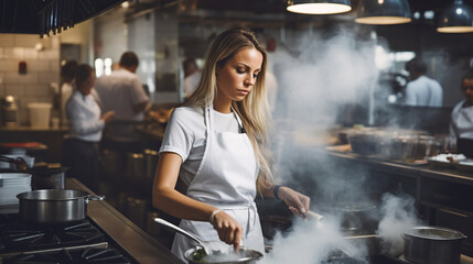 Portrait of a female cook in a restaurant kitchen.	
 - obrazy, fototapety, plakaty