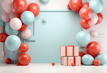 Zapakowane prezenty i balony na pastelowym tle.    - obrazy, fototapety, plakaty