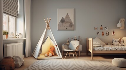 a Scandinavian inspired children's room with a muted color palette. The focus is on a stark white wall with a spotlight.