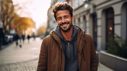 Fototapeta premium Confident Elegance: Smiling Middle-Aged Caucasian Man