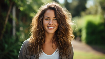 Naklejka premium Radiant Charm: Smiling Young Caucasian Woman with Curly Hair in a Living Room