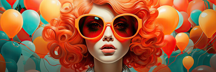 Piękna rudowłosa dziewczyna w pastelowych okularach z kolorowymi balonami w tle.  - obrazy, fototapety, plakaty