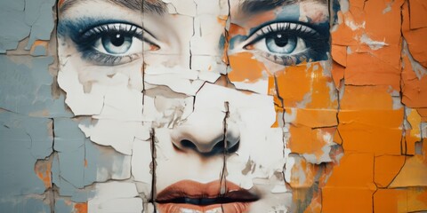 Transformative Beauty: The Closeup Portrait of a Woman's Face on a Cracked Wall - A Visual Metaphor for Skincare and Rejuvenation