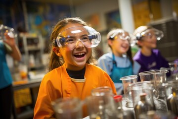A group of children wearing goggles in a science lab.