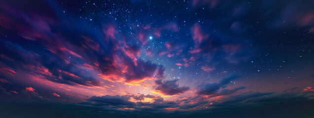 Dark pink and orange sunset clouds with some stars visible through. Abstract night background banner. Generative AI