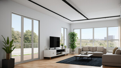 Fototapeta premium Moderne Wohnzimmer-Innenarchitektur: Ein helles, stilvolles Raumkonzept, Gestaltungsideen für die Inneneinrichtung zu Hause, moderne Möbel und Einrichtung, Dekoartikel, 