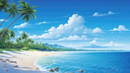 A painting of a tropical beach with palm trees.