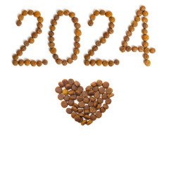 Calendar 2024 from Dry pet food and heart shape from crispy granules on a white background.