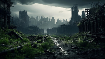 Desolation Aftermath: Post-Apocalyptic Cityscape with Crumbling Buildings City in Ruins - Perfect...