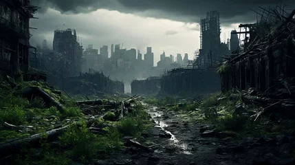 Foto op Plexiglas Desolation Aftermath: Post-Apocalyptic Cityscape with Crumbling Buildings City in Ruins - Perfect for Video Game Backgrounds, Film Sets, and Dystopian Narratives © Jose
