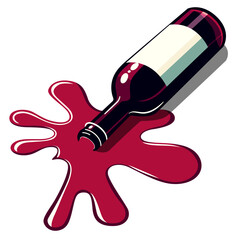 Wine bottle with deep red wine pooling around, vector illustration,  Spilled bottle of red wine on a surface, isolated on white background, stock vector image