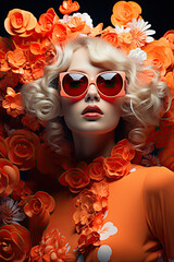 Piękna rudowłosa dziewczyna w pastelowych okularach z kwiatami w tle.  - obrazy, fototapety, plakaty