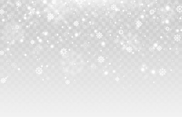 Vector snow background png. Snow png. Snowfall, blizzard, winter. Falling snowflakes. Christmas background.