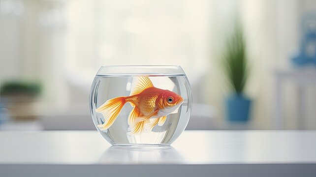 a small goldfish aquarium placed on a wooden table in a well-lit living room with white walls, showcasing a clean and uncluttered design.