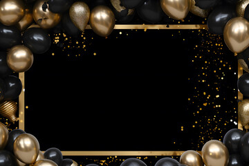 Golden frame with gold and black balloons with sparkles on black background