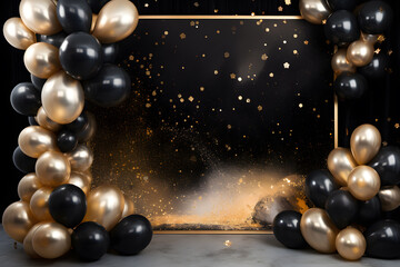 Obraz na płótnie Canvas Golden frame with gold and black balloons with sparkles on black background