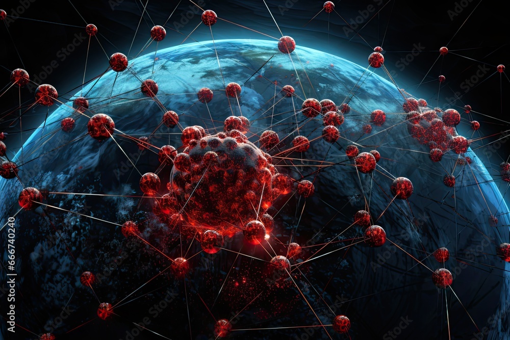 Poster a virus spreading through a network, illustrating the rapid and destructive nature of cyberattacks