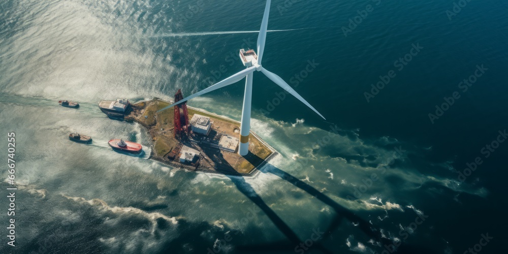 Poster efficient offshore wind power generation: a crane's precise work near gigantic eco-friendly wind tur
