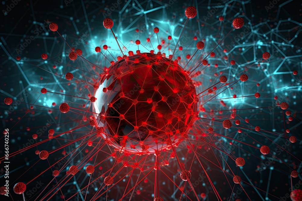Poster a virus spreading through a network, illustrating the rapid and destructive nature of cyberattacks