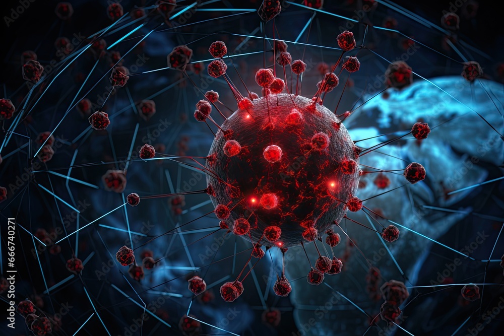 Poster a virus spreading through a network, illustrating the rapid and destructive nature of cyberattacks