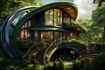 Energooszczędny ekologiczny dom otoczony roślinnością z dużymi oknami. - obrazy, fototapety, plakaty
