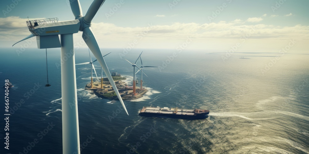 Poster efficient offshore wind power generation: a crane's precise work near gigantic eco-friendly wind tur